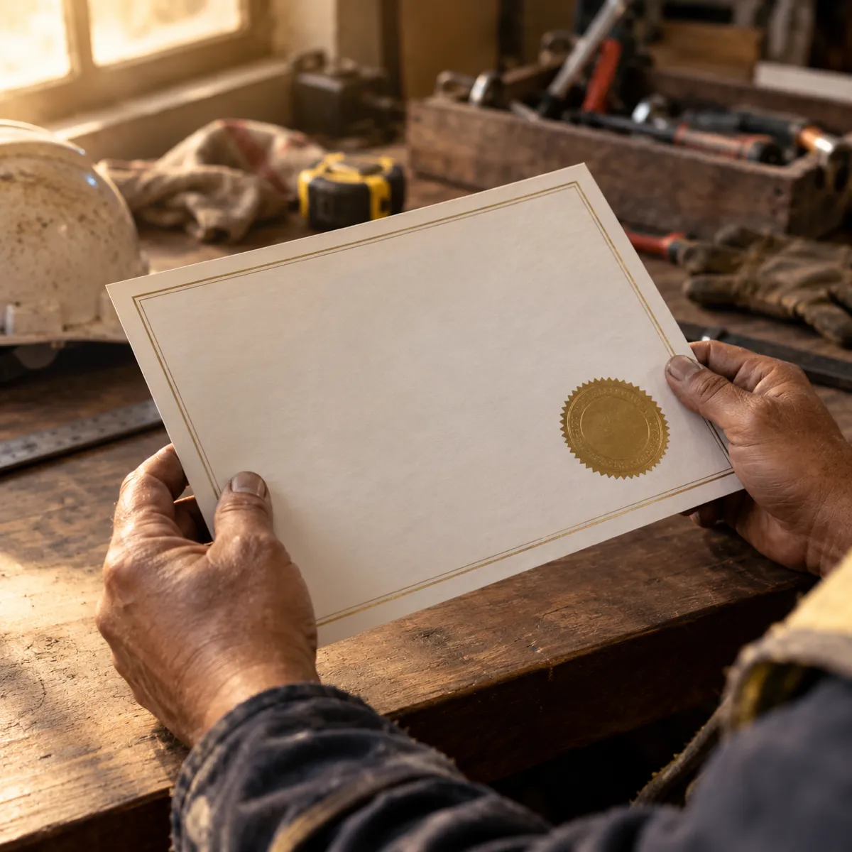Manos de un trabajador sosteniendo su certificado