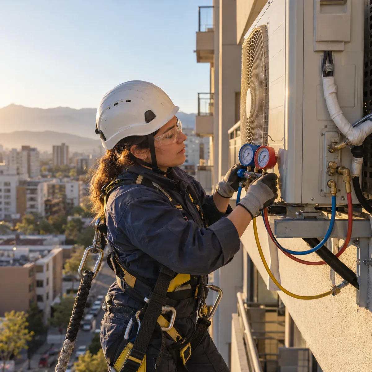 Técnica instalando un equipo de aire acondicionado en altura