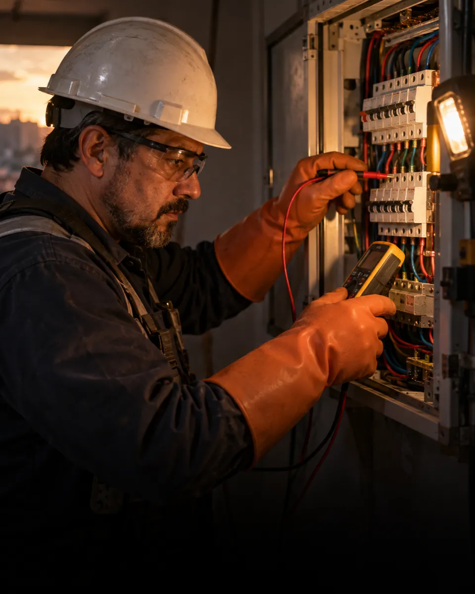 Electricista midiendo un tablero domiciliario