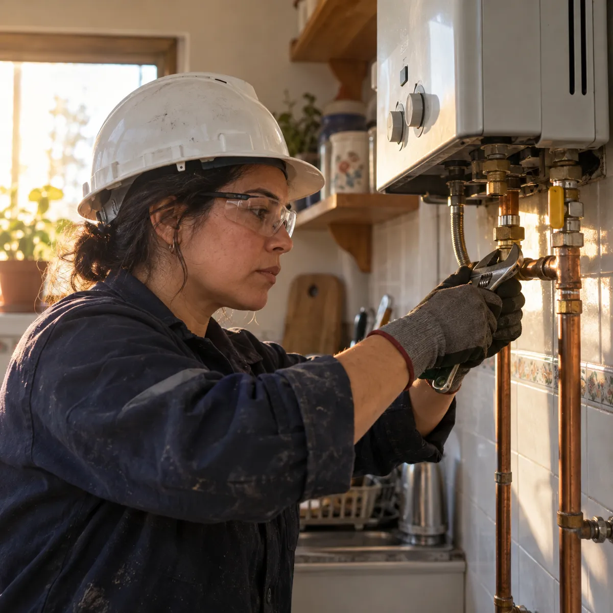 Instaladora de gas ajustando la conexión de un calefón