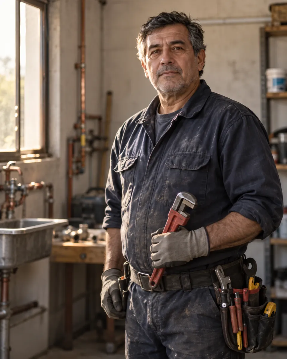 Gasfíter con sus herramientas en el taller