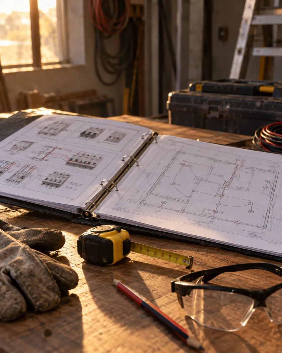 Carpeta con fichas técnicas y un plano eléctrico sobre una mesa de taller