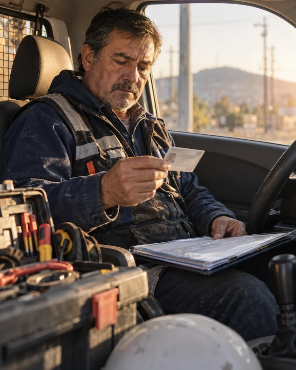 Instalador revisando su credencial de licencia junto a sus documentos
