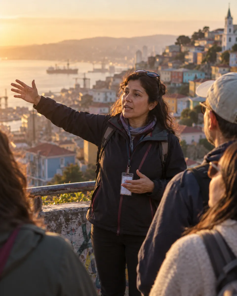 Guía de turismo explicando el paisaje a un grupo de visitantes